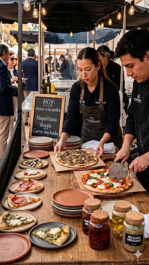 Carrito de pizzas a la piedra de Gourmand sirviendo en un evento de empresa